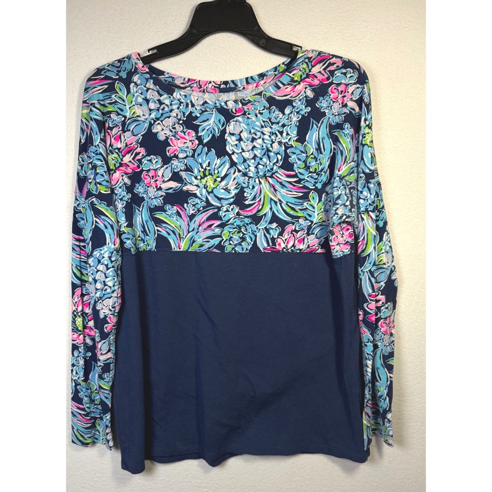 Lilly Pulitzer Top Womens Large Navy Blue Excellent UPF 50 Floral Pineapple